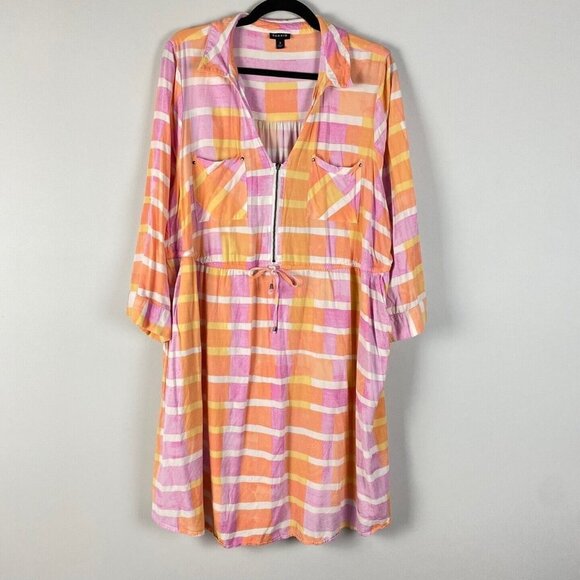Torrid Peach Plaid Stretch Challis Shirt Dress Womens 3X Tie Waist Collar V Neck - Picture 1 of 10